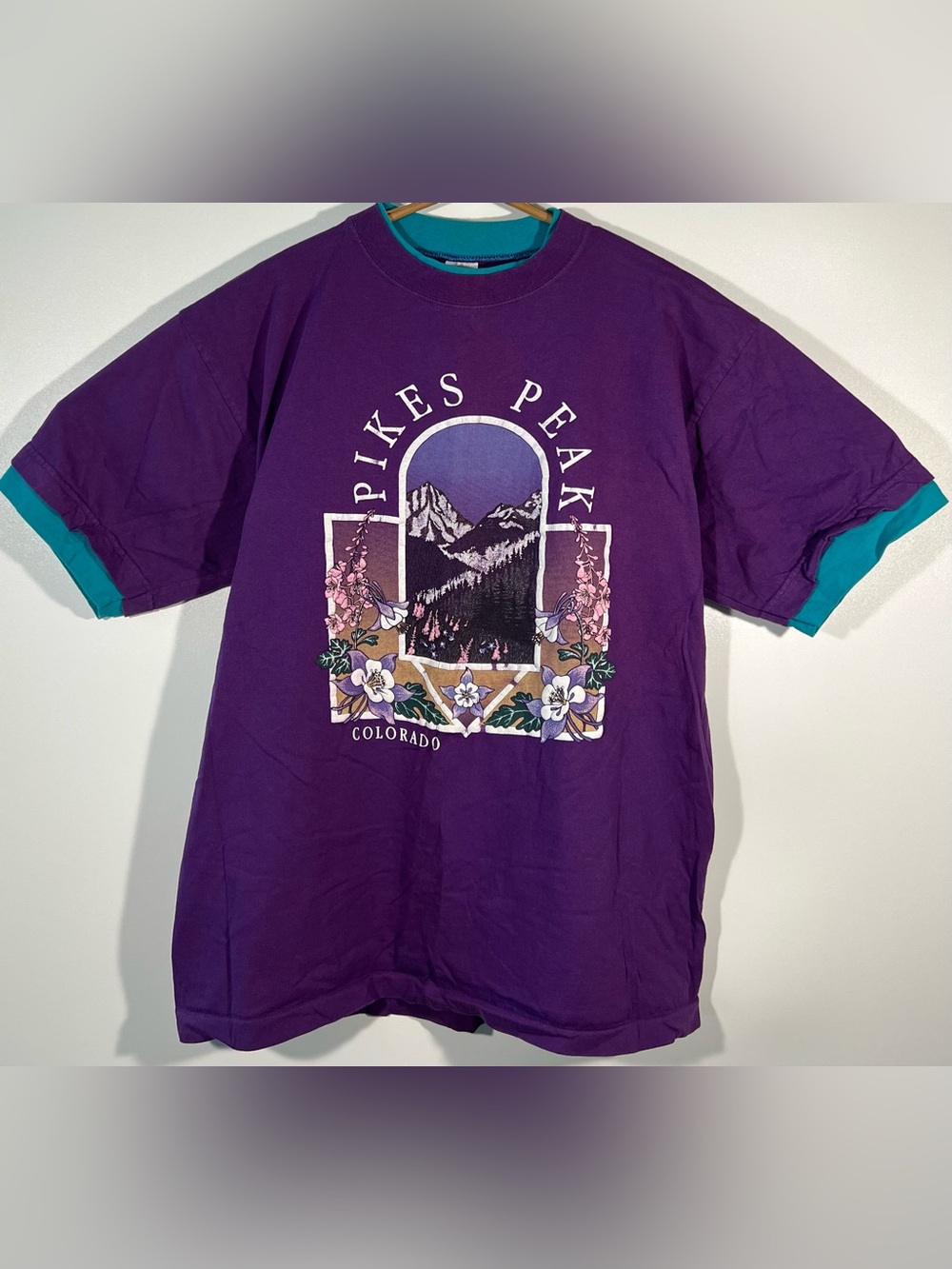 Vintage 90s Pikes Peak Colorado Rocky Mountain Landscape Floral Purple Shirt XL